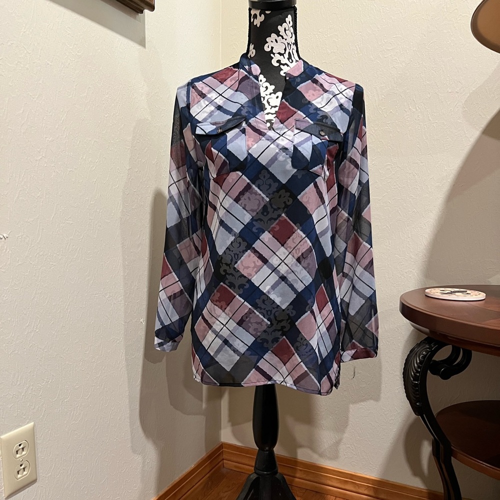 Vince Camuto sheer long sleeve top.